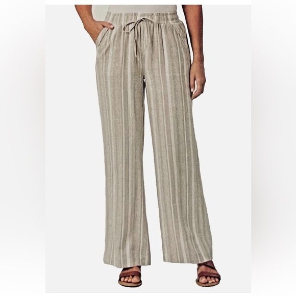 Briggs New York Pants - Briggs Linen Blend Wide Leg Pull On Pants Drawstring Size XL Striped Boho Chic